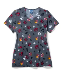 Zoe And Chloe Clearance Women's Diamond Neck Checking Paws Print Scrub Top