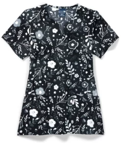 Zoe And Chloe Clearance Women's Notch Neck Moody Blossoms Print Scrub Top