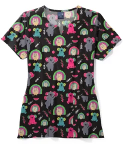Zoe And Chloe Women's Notch Neck Spiky Mikey Print Scrub Top