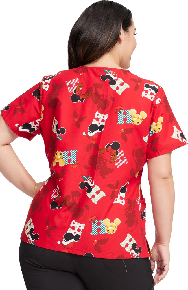 Cherokee Women's Mickey Holiday Cheer Print Scrub Top 4 Cherokee Women's Mickey Holiday Cheer Print Scrub Top - Image 2