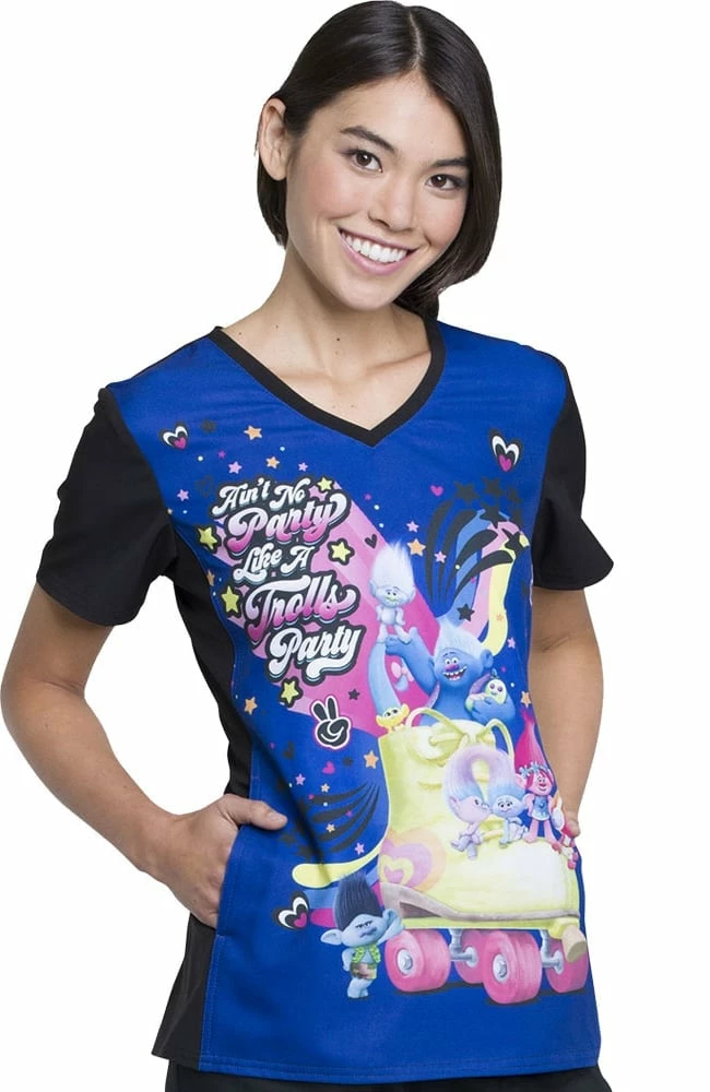 Cherokee Clearance Women's V-Neck Knit Panel Trolls Print Scrub Top 4 Cherokee Clearance Women's V-Neck Knit Panel Trolls Print Scrub Top - Image 2