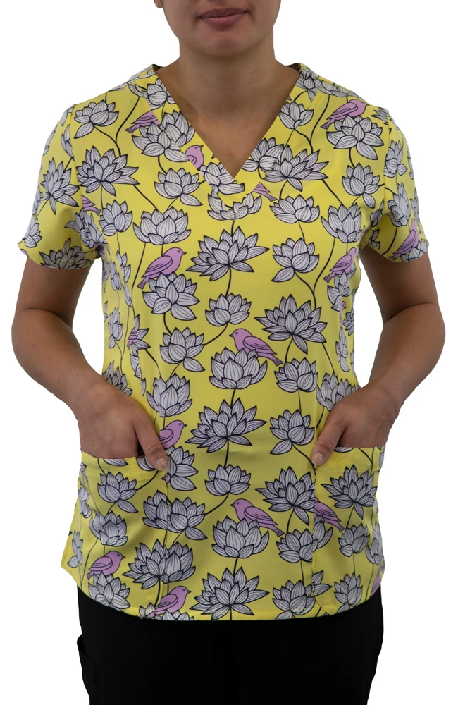 Maevn Uniforms Women's Curved V-Neck Birds In Bloom Print Top 4 Maevn Uniforms Women's Curved V-Neck Birds In Bloom Print Top - Image 2