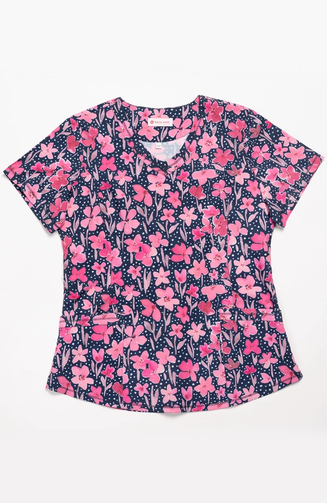 White Cross Women's Round V-Neck Spring In My Step Print Scrub Top 4 White Cross Women's Round V-Neck Spring In My Step Print Scrub Top - Image 2