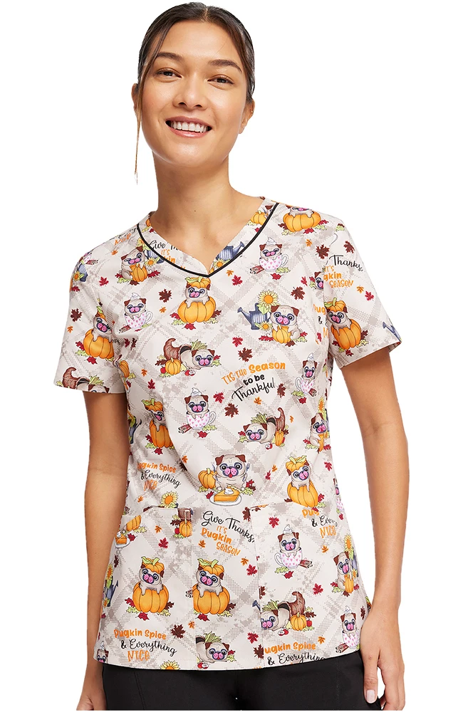 Cherokee Women's Pugkin Spice Season Print Scrub Top 5 Cherokee Women's Pugkin Spice Season Print Scrub Top - Image 3