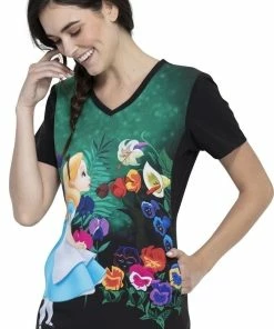 Cherokee Clearance Women's Wonderland Alice Print Scrub Top -Cherokee Shop 3 ck tf627 printclearance 650 6