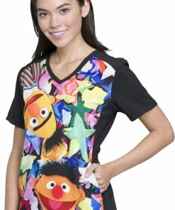 Cherokee Clearance Women's V-Neck Contrast Back Sesame Street Print Scrub Top -Cherokee Shop 3 ck tf637 printclearance 650 8