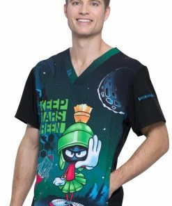Cherokee Clearance Men's V-Neck Keep Mars Green Print Scrub Top -Cherokee Shop 3 ck tf708 printclearance 650 1