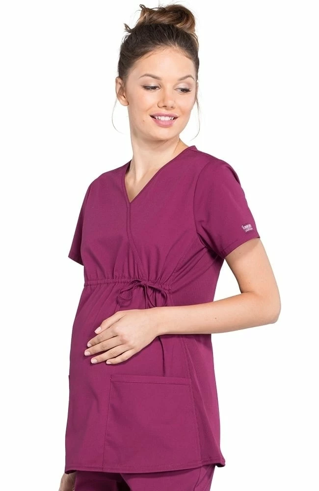 Cherokee Workwear Clearance Women's Maternity Mock Wrap Soft Knit Panel Solid Scrub Top 5 Cherokee Workwear Clearance Women's Maternity Mock Wrap Soft Knit Panel Solid Scrub Top - Image 3