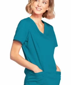 Cherokee Workwear Clearance Women's Mock Wrap Princess Seam Solid Scrub Top -Cherokee Shop 4 ck 4728 clearance 650