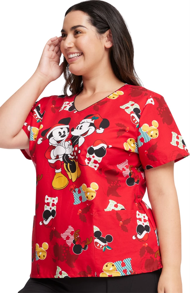 Cherokee Women's Mickey Holiday Cheer Print Scrub Top 6 Cherokee Women's Mickey Holiday Cheer Print Scrub Top - Image 4