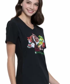 Cherokee Clearance Women's V-Neck Holly Jolly Pets Print Scrub Top -Cherokee Shop 4 ck tf627 printclearance 650